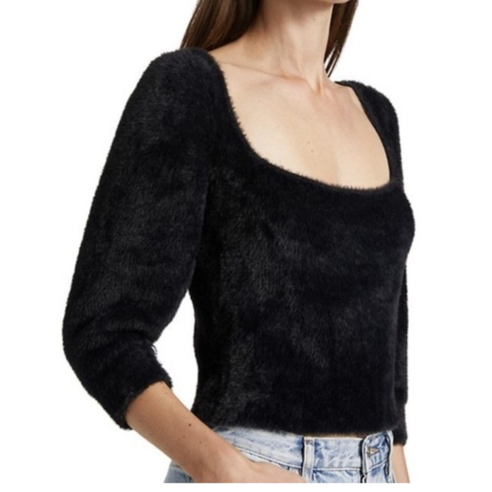 Free People Moonbeam Black Fuzzy Square Neck Sweater S